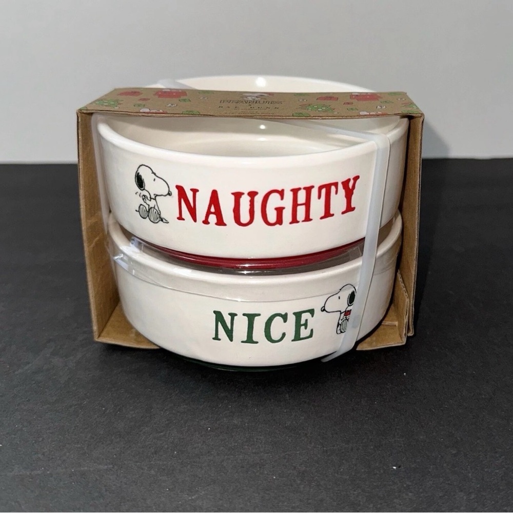 Rae Dunn Peanuts NAUGHTY NICE Christmas Pet Bowl Set Snoopy CAT DOG NEW